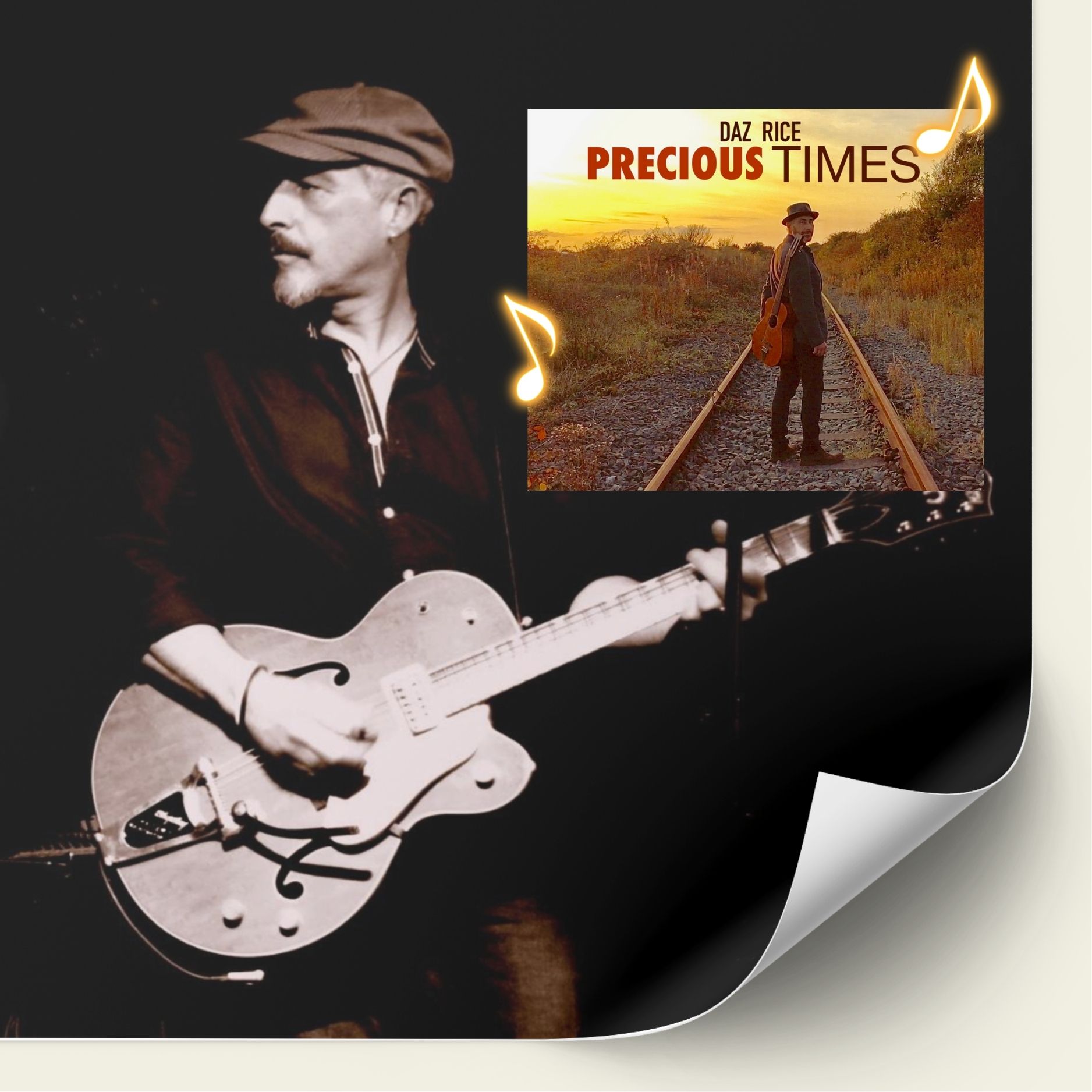 Black and white image of Daz Rice playing guitar with his Precious Times album in front